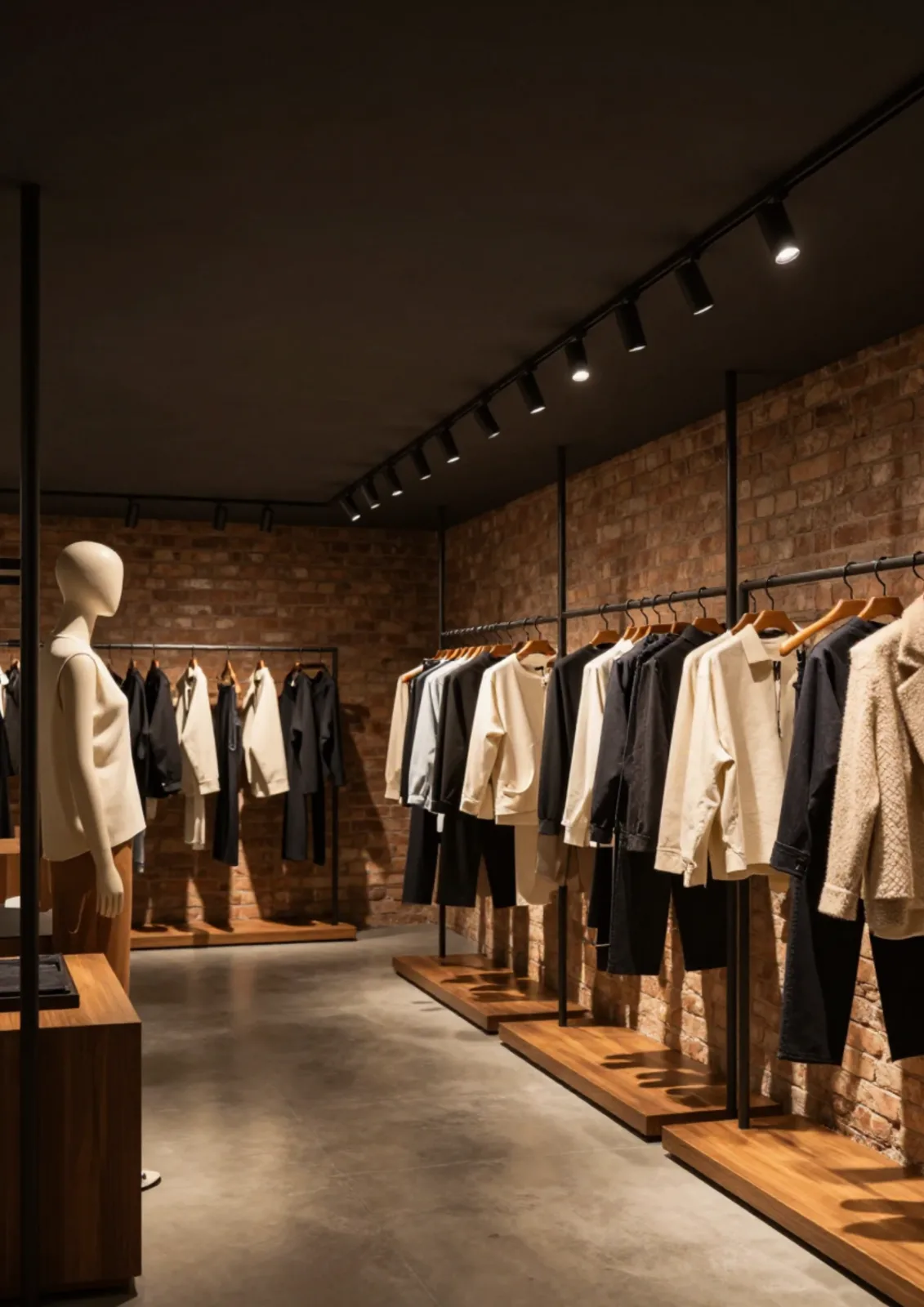 Tuğla duvarlı, ray spotlu bir butik